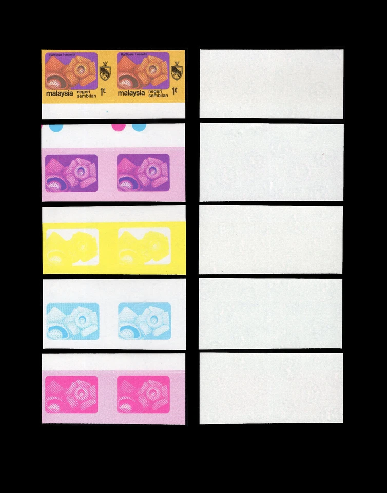 Malaysia 1979 Flowers imperf proof - Negri Sembilan 1c, 5 diff stages in pairs. - Image 1 of 1