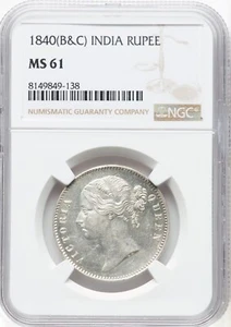 INDIA BRITISH VICTORIA 1840 RUPEE SILVER COIN UNCIRCULATED NGC CERTIFIED MS61 - Picture 1 of 4