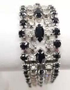 Bracciale vintage Joseph Warner cinque file strass trasparenti e neri, 7", splendido - Foto 1 di 7