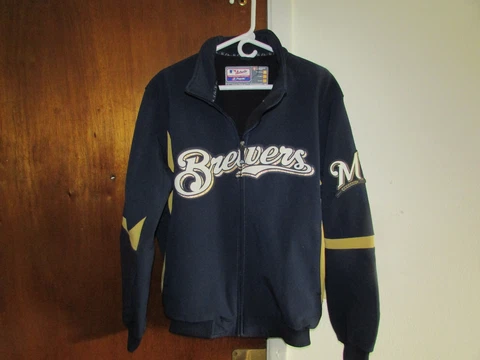 Milwaukee Brewers Jacket Men's Large Majestic ThermaBase Lined MLB Blue Gold Cover