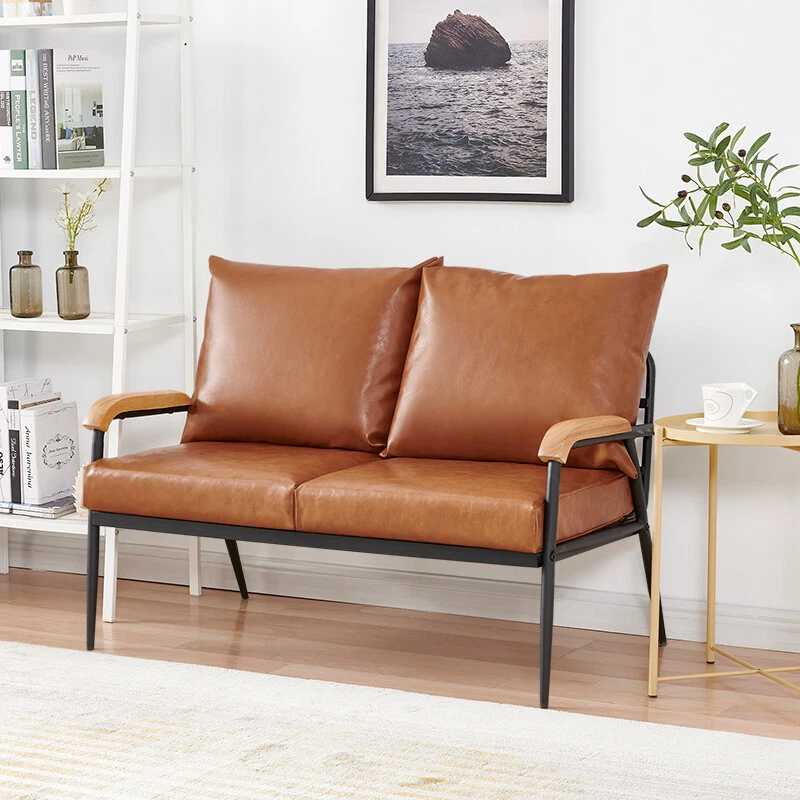 CLIPOP Sofa Brown Faux Leather Armchair Couch Living Room Metal Legs Modern 2 Seater