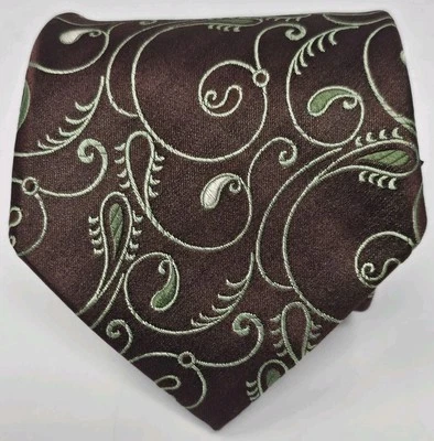 Van Heusen 男式领带编织手工制作 100% 真丝棕色绿色佩斯利口音优雅 — 第 1/4 张图片