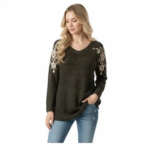 Vintage Havana Sweater V-Neck Embroidered Flower Pullover Green Black Womens M/L - Picture 1 of 6