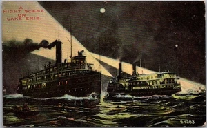 1912 GREAT LAKES SHIPS Postcard "A NIGHT SCENE ON LAKE ERIE" Detroit MI Cancel - Picture 1 of 2