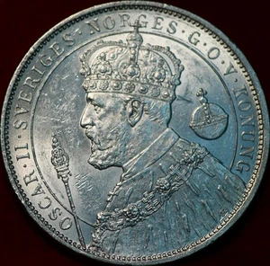 Uncirculated 1897 Sweden 2 Kronor Silver Foreign Coin - Picture 1 of 2