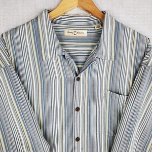 TOMMY BAHAMA Size 2XL Mens 100% Silk Vert Blue Yellow Pastel Striped Camp Shirt - Picture 1 of 16