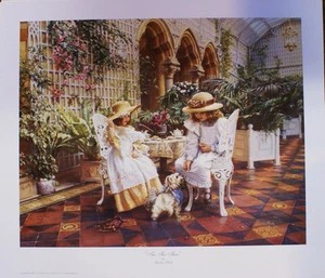 Tea For Three by Sandra Kuck Two Little Girls Puppy Dog Kids Children 16x20 - Picture 1 of 1
