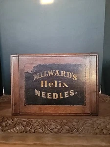Antique Sewing Box Wood Advertising milward's helix needles Dovetail as is - Picture 1 of 24