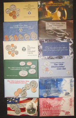 Mint Sets 1990 1999 (10 sets Both Mints) PLUS Bonus Coin 1996 W Dime - Image 1 of 3