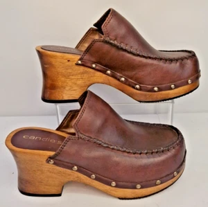 Vintage Candies Y2K 90s Chunky Platform Clog Mules Wood Leather Brown UK4.5 J838 - Picture 1 of 7