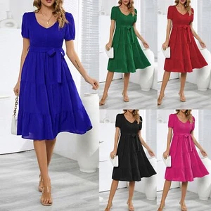 Women Casual Summer Flutter Short Sleeve V Neck Smocked Elastic Waist Midi Dress - Picture 1 of 38
