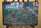 VINTAGE PERENNIAL ANNUAL GARDEN FLOWERS WILDFLOWERS SAND PATH PASTEL PAINTING 