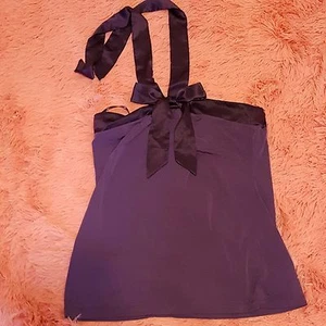 ANN TAYLOR LOFT XS Purple Halter Top Eggplant Tie Neck Accent Bow Stretch Tank - Picture 1 of 4