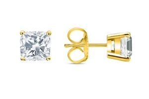 3 Ct Cushion Cut Created Diamond Earrings Studs Real 14K Yellow Gold Basket Push - Picture 1 of 3