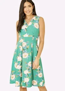 Yumi Mela London Green Women's Floral Dress Sleeveless Skater Dress Size 12 - Picture 1 of 7
