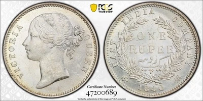 India Británica, Rupia Victoria 1840.  C o B Mints. PCGS MS 62. Foto 1 de 3