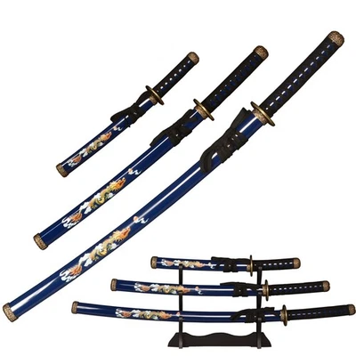 Espada forjada hecha a mano espada samurai katana juego de 3 piezas azul con soporte de exhibición. Foto 1 de 4