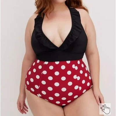 TORRID 迪士尼米妮老鼠褶皱连体泳衣黑色红色 Polkadot 3 X — 第 1/4 张图片
