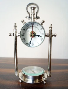 Tischuhr verchromt mit Kompass Marine Maritim Tischuhr Tischdeko - Bild 1 von 4