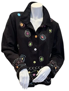 Onque Casuals Size XL  Jacket  Black with Colorful Embroidered Knit Blazer Artsy - Picture 1 of 11