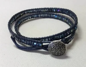 Blue Crystal Cubes Beaded Ladder Style Double Blue Leather Wrap Bracelet - Picture 1 of 5