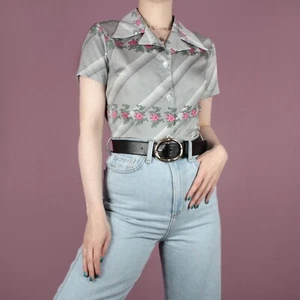 Vintage 80s 70s black white mod dagger pink stripe floral blouse shirt small 10 - Picture 1 of 6