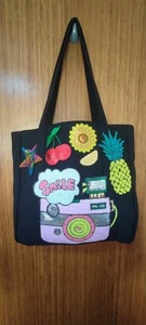 Black tote bag embroidered sequin patches medium cotton zip pocket - Picture 1 of 4