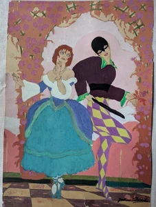 GASTON ANDRE GOUACHE ARLEQUIN ET COLOMBINE - Picture 1 of 4