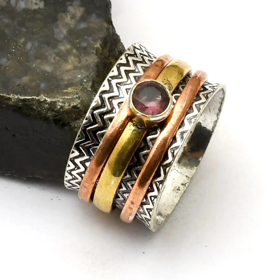 Anillo de amatista de tres tonos con piedras preciosas giratorias hecho a mano joyería EE. UU. talla 9,25 AR 39478 Foto 1 de 1