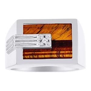 Diamond & Tiger's Eye Ring Sterling Silver or Yellow Gold Plated - Picture 1 of 3