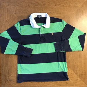 Polo Ralph Lauren XL (18-20) Youth Boys Green Blue Striped Rugby Shirt GREAT - Picture 1 of 7