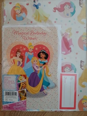 HALLMARK DISNEY PRINCESS BIRTHDAY CARD, GIFT WRAP & STICKER SEALS BNIP - Image 1 of 3