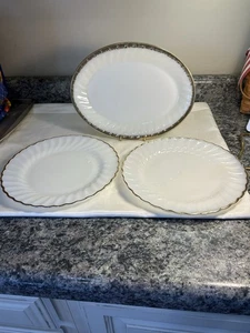 Anchor Hocking Fire King Milk Glass Swirl 2 10” Plates, 1 Platter W/Gold Trim - Picture 1 of 10