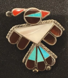 Vintage Zuni Thunderbird Pin Brooch Sterling Turquoise Coral Inlay 1-1/4 4.5g - Picture 1 of 9