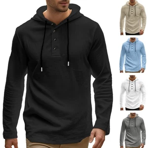 For Mens Hooded Linen Shirt Casual Soft Loose Fit Long Sleeve Button Front Top - Picture 1 of 56