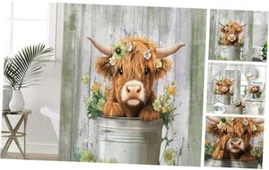 Funny Highland Cow Shower Curtain, Cute Farmhouse Green Floral Western Wood - Picture 1 of 8