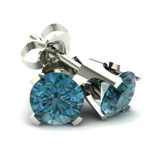 .25Ct Round Brilliant Cut Heat Treated Blue Diamond Stud Earrings In 14K Gold - Picture 1 of 6
