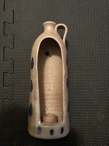 Vintage Salt Glazed 8" Jug Candle Holder Beige with Blue Foliage Design - Picture 1 of 4