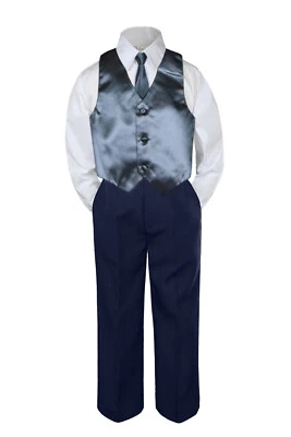 Hermosala Adolescentes Niño Conjunto de 4 piezas Camisa Blanca Formal Azul Marino Pantalones Chaleco Corbata Larga Conjunto Foto 1 de 2