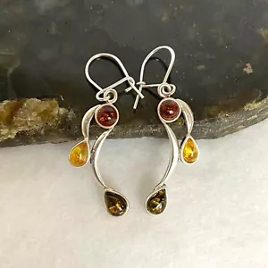 Sterling Silver 925 Tri Color Baltic Amber Curved Kidney Wire Dangle Earrings - Picture 1 of 20