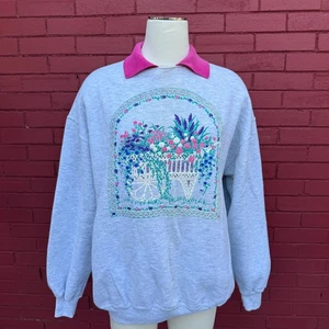 Vintage Morgensonne Blumen Pufffarbe Sweatshirt XL Kragen grau Cottagecore Pullover - Bild 1 von 8