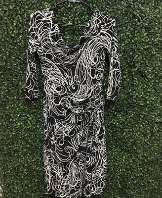 EUC MAGGIE LONDON PETITE COWL NECK 3/4 SLEEVE ABSTRACT PRINT MIDI DRESS 6P BLACK - Image 1 of 4
