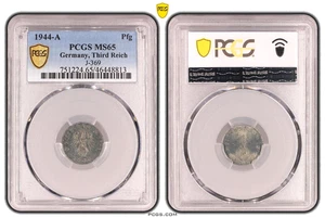 PCGS MS65 1 Pfennig 1944 A SWASTIKA Germany Third Reich J-369 Coin WW2 Pfg UNC - Picture 1 of 6