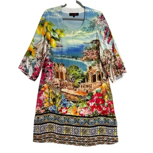 Seven Sisters Tunic Size 2 (AU 10) Multicolour Landscape 3/4 Sleeve Round Neck - Foto 1 di 22