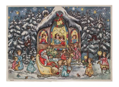 Vtg German Winter Festive Children & Animals Paper Christmas Advent Calendar - Image 1 of 4