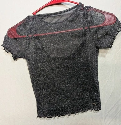 Holister Kids Black Sparkle Mesh Crop Top with Attached Tank. Size Small. - Image 1 of 4