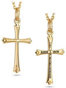 Woman's Solid 14K Yellow Gold Mini Thin Cross Necklace- John 19:30 - Picture 1 of 4