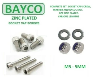 5MM / M5 THREAD SKT CAPSCREW, NYLOC NUT & WASHER BZP . 10MM TO 60MM LENGTHS - Picture 1 of 3