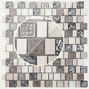 Naturstein und Glas Mosaik Fliesen matte in silber/grau, hellbraun. (CM0005)