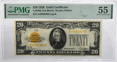 1928 $20 Twenty Dollars Gold Certificate A40586303A Fr#2402 PMG AU 55 - Image 1 of 2